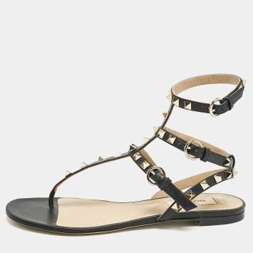 Pre Owned Valentino Black Leather Rockstud T- Strap Flat Sandals Size 37.5
