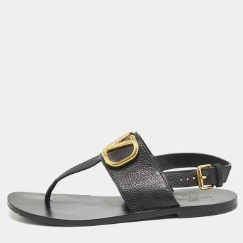 Pre Owned Valentino Black Leather VLogo Thong Flat Sandals Size 38.5