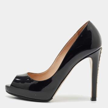 Pre Owned Valentino Black Patent Leather Rockstud Heel Peep Toe Pumps Size 37.5