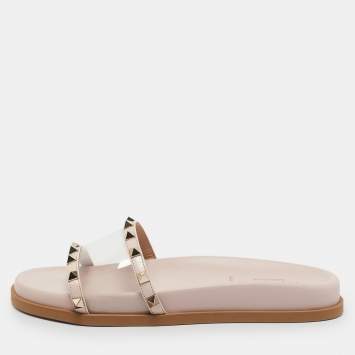 Pre Owned Valentino Pink Leather and PVC Rockstud Flat Slides Size 37