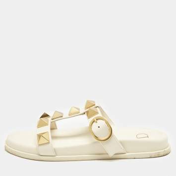 Valentino Off White Leather Roman Stud Flat Slide Sandals Size 38