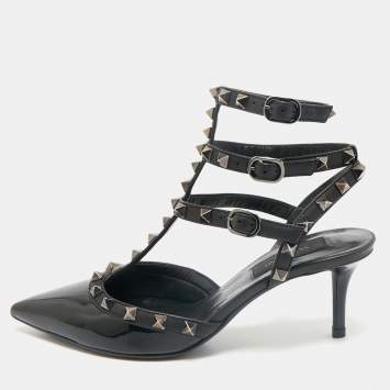 Pre Owned Valentino Black Patent and Leather Rockstud Cage Pumps Size 36.5