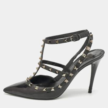 Pre Owned Valentino Black Patent and Leather Rockstud Caged Pumps Size 41