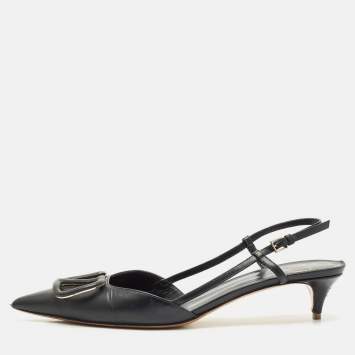 Pre Owned Valentino Black Leather VLogo Slingback Pumps Size 37