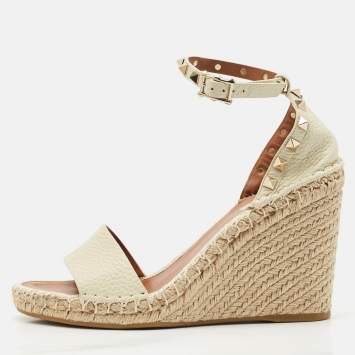 Valentino Cream Leather Rockstud Wedge Espadrille Ankle Strap Sandals Size 39