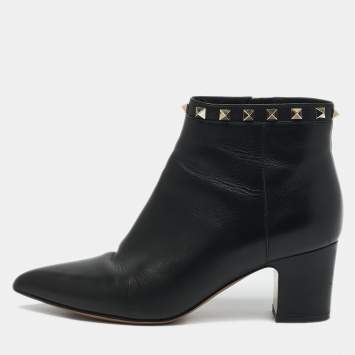 Pre Owned Valentino Black Leather Rockstud Pointed Toe Block Heel Ankle Boots Size 36