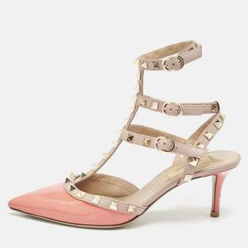 Pre Owned Valentino Orange/Beige Patent Leather Rockstud Caged Ankle Strap Pumps Size 37