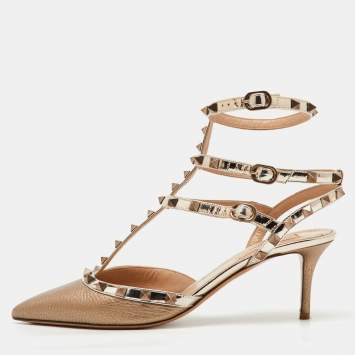 Valentino Metallic Leather Rockstud Caged Ankle Strap Pumps Size 40