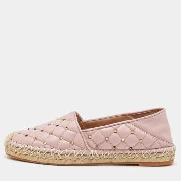 Valentino Light Pink Quilted Leather Rockstud Slip On Espadrille Flats Size 36