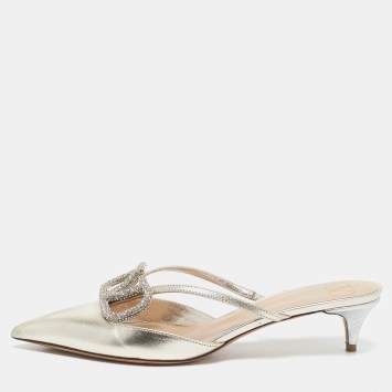 Valentino Gold Leather Crystal Embellished VLogo Mules Size 38.5