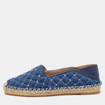 Valentino Blue Quilted Denim Rockstud Slip On Espadrille Flats Size 35