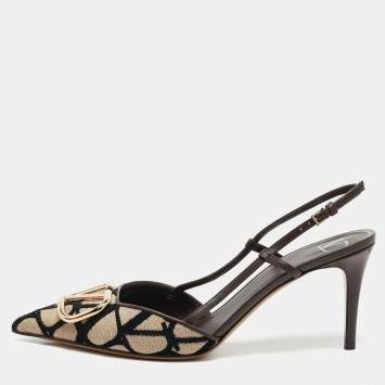 Valentino Brown Iconographe Canvas and Leather VLogo Slingback Pumps Size 39.5