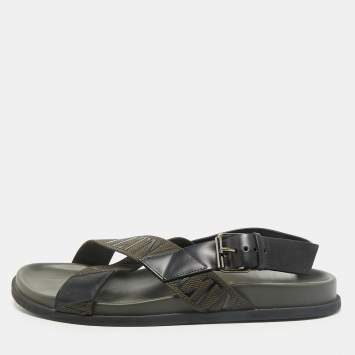Pre Owned Valentino Black/Green Fabric and Leather VLTN Print Cross Strap Sandals Size 39