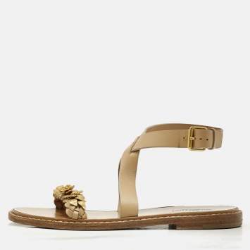 Pre Owned Valentino Beige Leather Metal Floral Embellished Flat Sandals Size 39