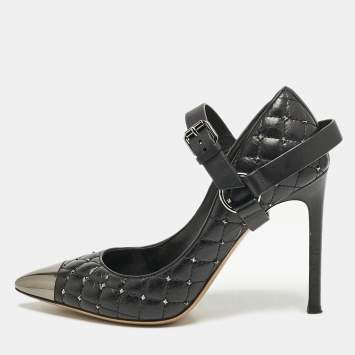 Valentino Black Quilted Leather Rockstud Spike Ankle Strap Cap Toe Pointed Pumps Size 37