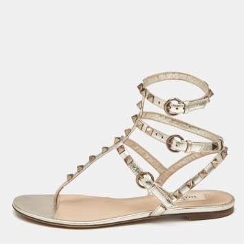 Valentino Gold  Leather Rockstud Ankle Strap Sandals 37.5