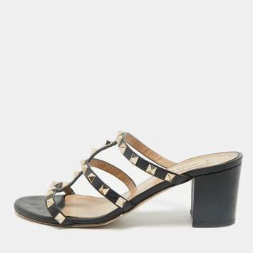 Pre Owned Valentino Black Leather Rockstud Ankle Strap Sandals Size 38