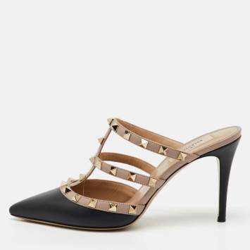 Valentino Black/Beige Leather Rockstud Pointed Toe Mules Size 38