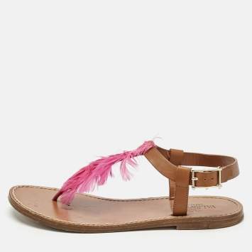 Valentino Brown/Pink Feather and Leather Flat Sandals Size 37