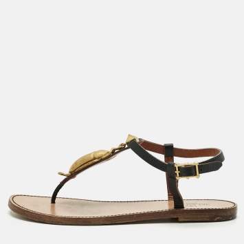 Pre Owned Valentino Black Leather Embellished Thong Flat Sandals Size 37.5
