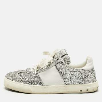 Valentino Silver Glitter and Leather Fly Crew Low Top Sneakers Size 41