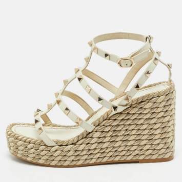 Valentino Cream Leather Rockstud Wedge Sandals Size 38