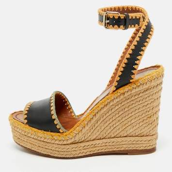 Pre Owned Valentino Navy Blue Leather Esapadrille Wedge Sandals Size 36