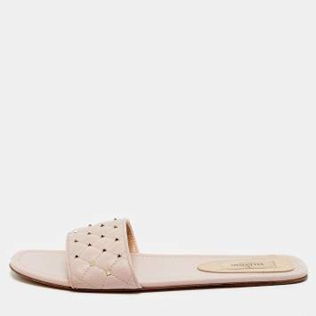 Valentino Light Pink Quilted Leather Rockstud Flat Slide Sandals Size 40