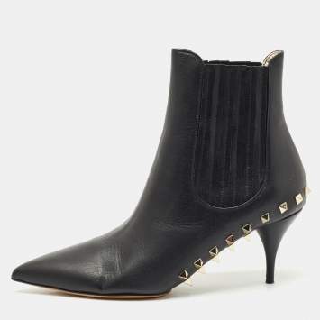 Valentino Black Leather Rockstud Pointed Toe Ankle Boots Size 39