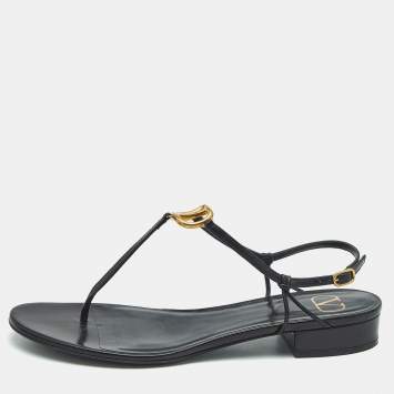 Valentino Black Leather VLogo Thong Sandals Size 40