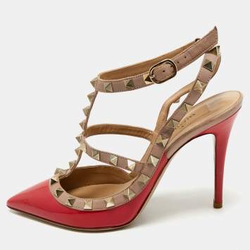 Valentino Red/Beige Patent Leather Rockstud Ankle Strap Pumps Size 37.5
