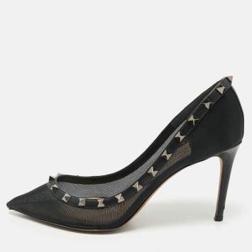 Pre Owned Valentino Black Leather and Mesh Rockstud Pointed Toe Pumps Size 40.5