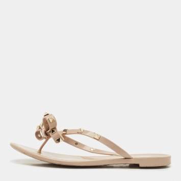 Pre Owned Valentino Beige Jelly Bow Rockstud Thong Flats Size 37