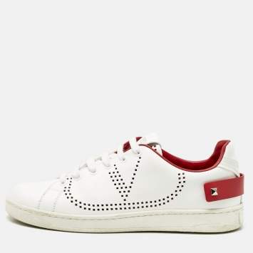 Valentino White Perforated Leather Backnet Rockstud Low Top Sneakers Size 38