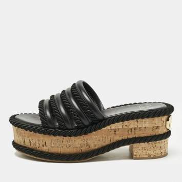Valentino Black Leather VLogo Cork Platform Sandals Size 37