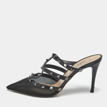 Pre Owned Valentino Black Leather and Mesh Rockstud Heel Mules Size 39