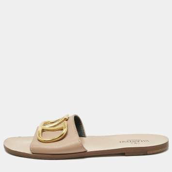 Valentino Beige Leather Vlogo Signature Flat Slide Sandals Size 37