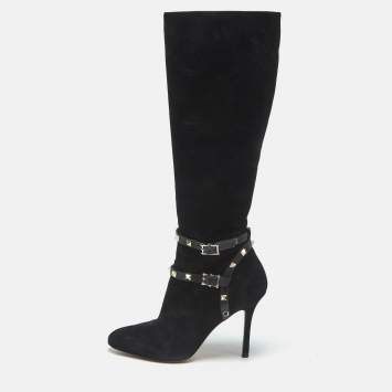 Pre Owned Valentino Black Suede and Leather Rockstud Knee Length Boots Size 37.5