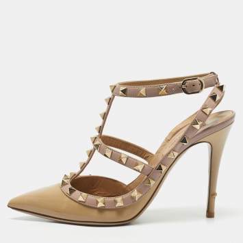 Pre Owned Valentino Beige Patent Leather Rockstud Ankle Strap Pumps Size 36