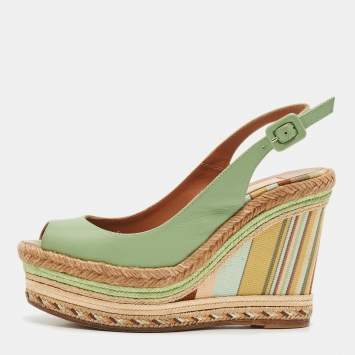 Pre Owned Valentino Light Green Leather Native Couture 1975 Wedge Espadrille Sandals Size 36.5