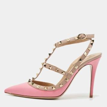 Valentino Pink/Beige Leather Rockstud Caged Pumps Size 40