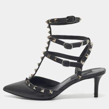 Pre Owned Valentino Black Leather Rockstud Caged Ankle Strap Pumps Size 37