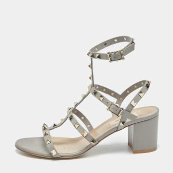 Valentino Grey Leather Rockstud Ankle Strap Sandals Size 39.5