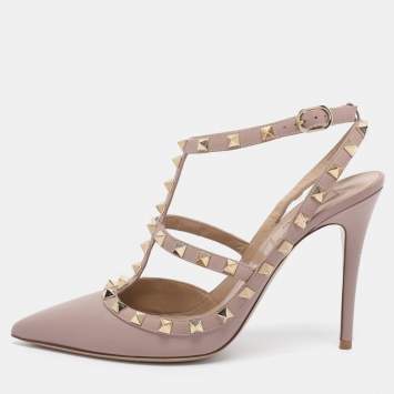 Pre Owned Valentino Dark Beige Leather Rockstud Ankle Strap Pumps Size 39.5
