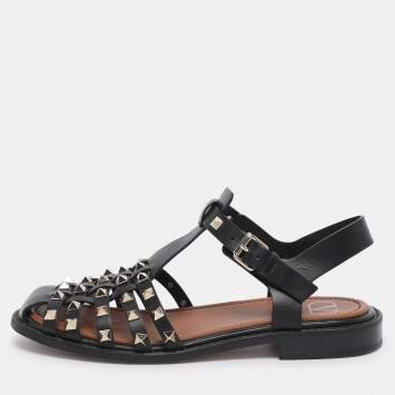Pre Owned Valentino Black Leather Rockstud Fisherman Sandals Size 38