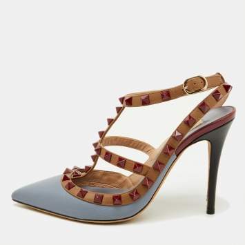 Valentino Blue/Brown Leather Rockstud Caged Ankle Strap Pumps Size 36