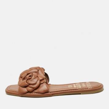 Valentino Garavani Brown Leather Atelier 03 Rose Edition Flat Slide Sandals Size 39.5