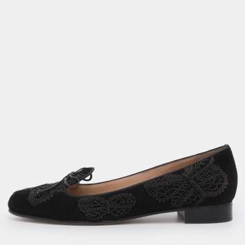 Pre Owned Valentino Black Suede Butterfly Embroidered Ballet Flats Size 41