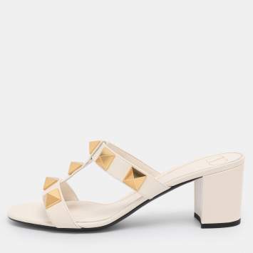 Valentino Cream Leather Roman Stud Block Heel Slides Sandals Size 41