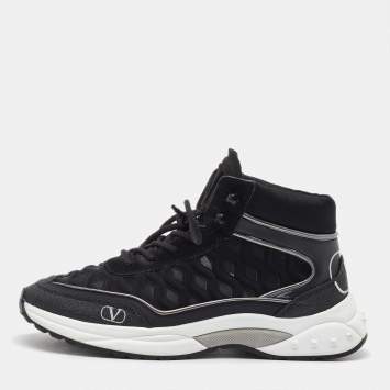Pre Owned Valentino Black Mesh, Suede and Leather Mid Top Sneakers Size 38